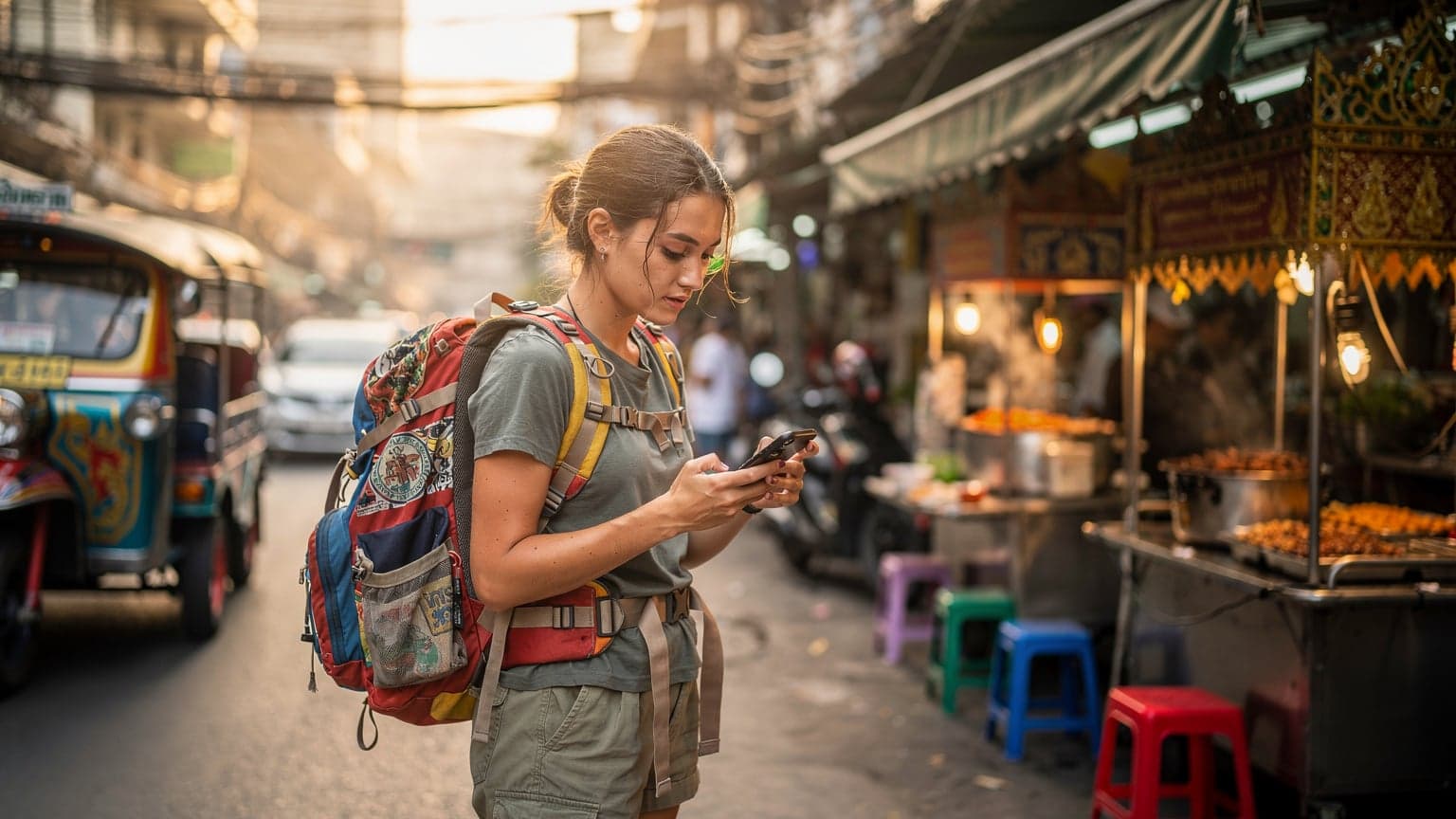 A woman with a backpack checks her phone for directions on a bustling street in Bangkok, Thailand, with street food stalls and tuk-tuks in the background under soft morning light.