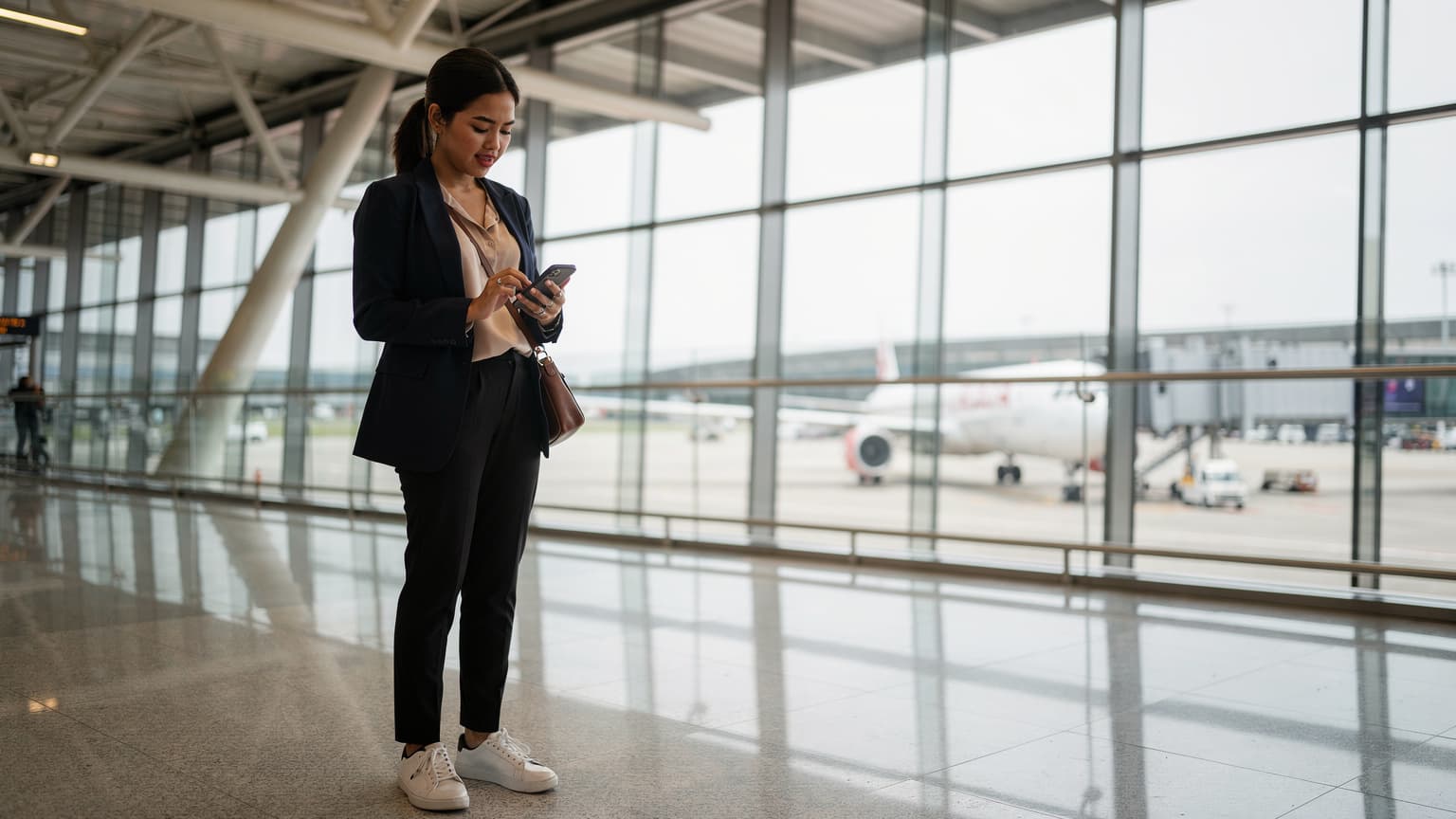 Seorang wanita muda Indonesia sedang memeriksa ponselnya di area keberangkatan Bandara Internasional Soekarno-Hatta yang modern, dengan latar belakang jendela besar yang menunjukkan pesawat.