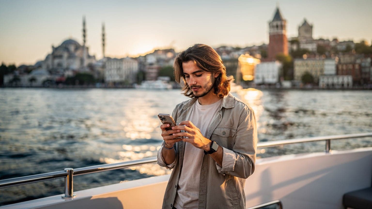 İstanbul Boğazı'nda gün batımında bir yatta, elinde telefonunu tutan genç bir Türk gezgin, eSIM uygulamasını kontrol ediyor.
