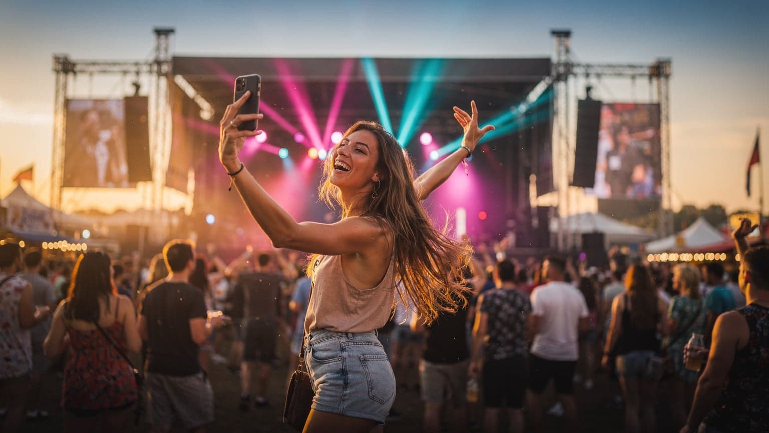 Eine junge Frau lacht und tanzt auf einem belebten Musikfestival, im Hintergrund ist eine große Bühne mit Lichtern zu sehen. Sie hält ihr Smartphone hoch, um ein Video aufzunehmen.