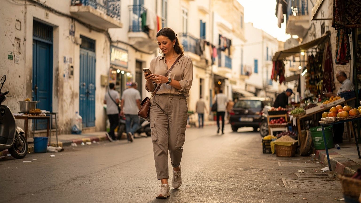 A woman confidently navigating the bustling streets of Algiers with her smartphone, illuminated by the warm glow of late afternoon sun.