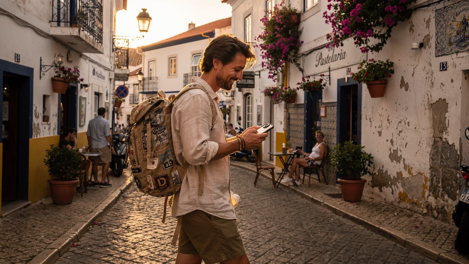 Uma pessoa segurando um iPhone 18 enquanto caminha por uma rua de paralelepípedos cheia de gente em Lagos, Algarve, com o sol do fim de tarde iluminando os edifícios históricos.