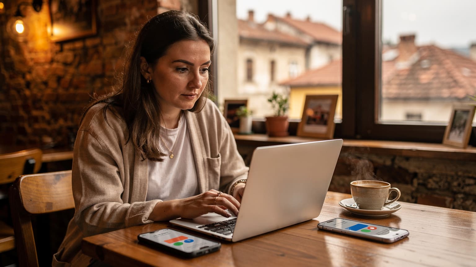 Eine Frau sitzt entspannt in einem Café in Sarajevo, Bosnien-Herzegowina, mit einem Laptop und einem Smartphone, das eine Cellesim eSIM anzeigt, während sie Kaffee trinkt und im Hintergrund die historischen Gebäude der Stadt zu sehen sind.