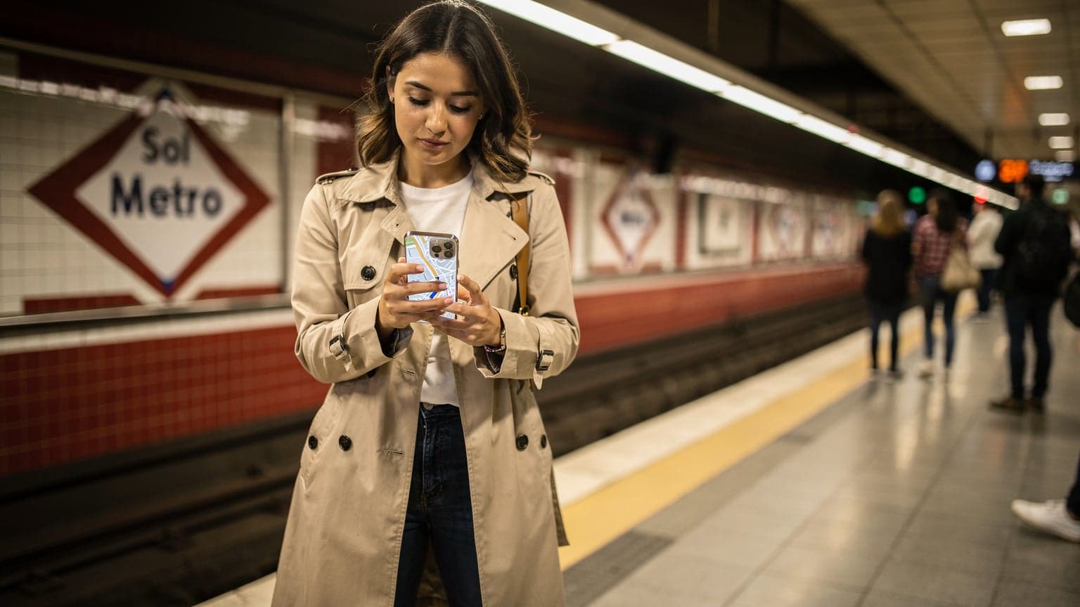 Una mujer joven, con un iPhone 15 Pro en la mano, consulta un mapa digital mientras espera el metro en la estación de Sol en Madrid, su mochila de viaje a sus pies, reflejando una conexión fluida en un entorno urbano.