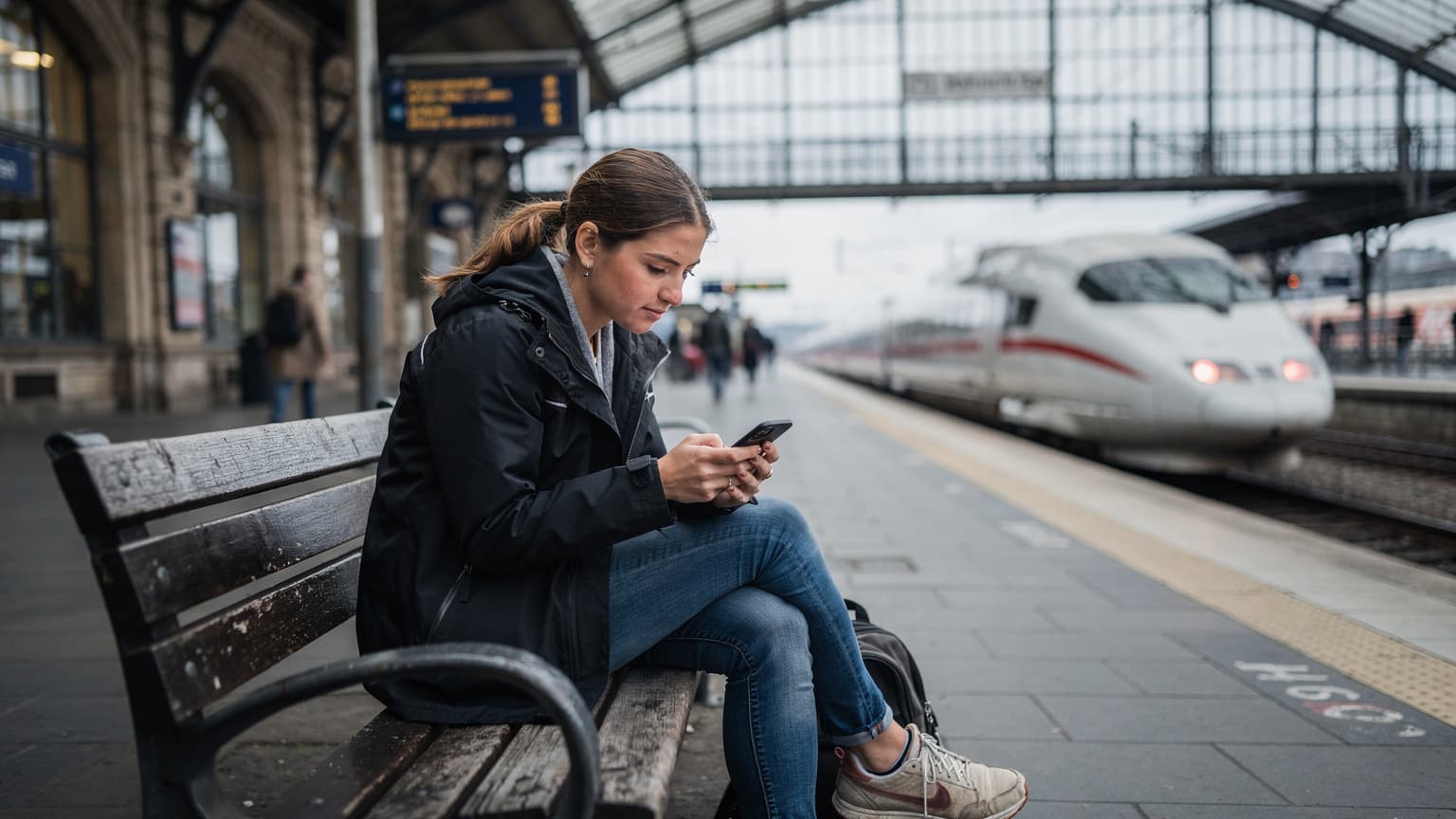 Eine junge Frau sitzt auf einer Bank am Bahnhof Zoo in Berlin, blickt auf ihr Smartphone und vergleicht eSIM-Angebote, während ein ICE im Hintergrund einfährt.