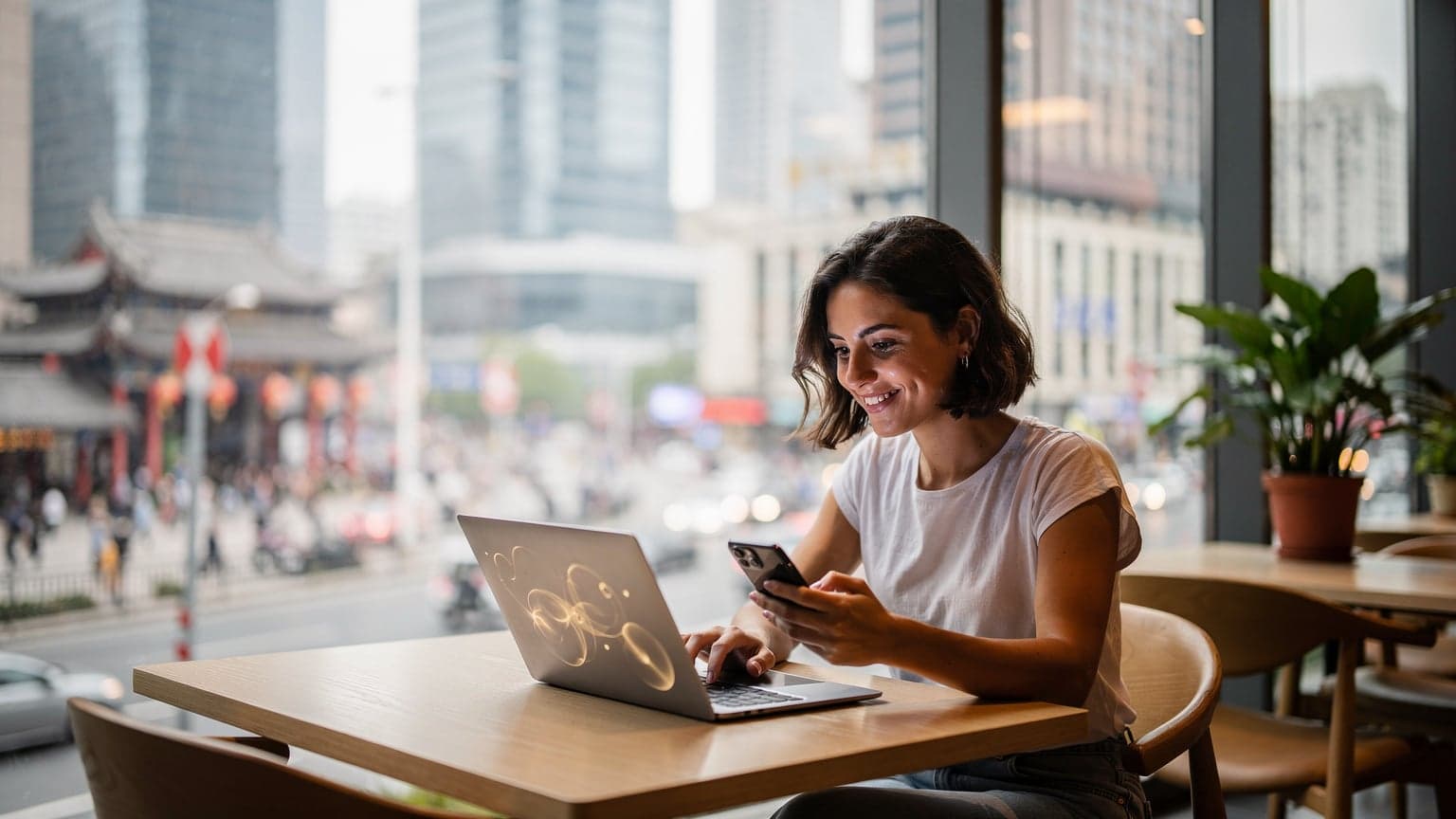 Una donna seduta in un caffè moderno a Shanghai, con un laptop aperto e il suo smartphone in mano, che naviga senza problemi.