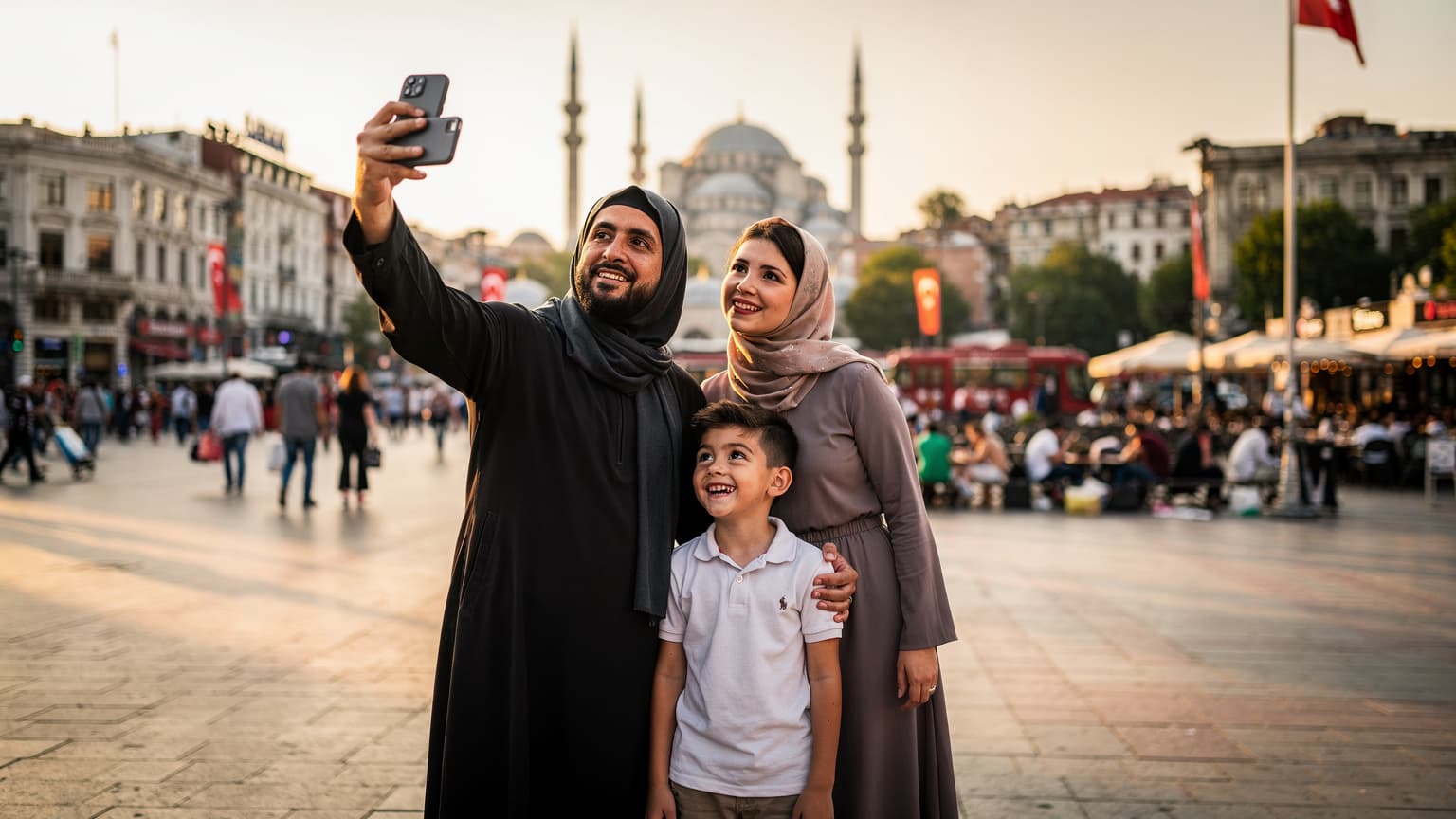 عائلة سعودية سعيدة تلتقط صورة سيلفي في ساحة تقسيم المزدحمة بمدينة إسطنبول، مع إطلالة على مسجد آيا صوفيا في الخلفية، بينما يستخدم الأب هاتفه الذكي للبحث عن الاتجاهات.