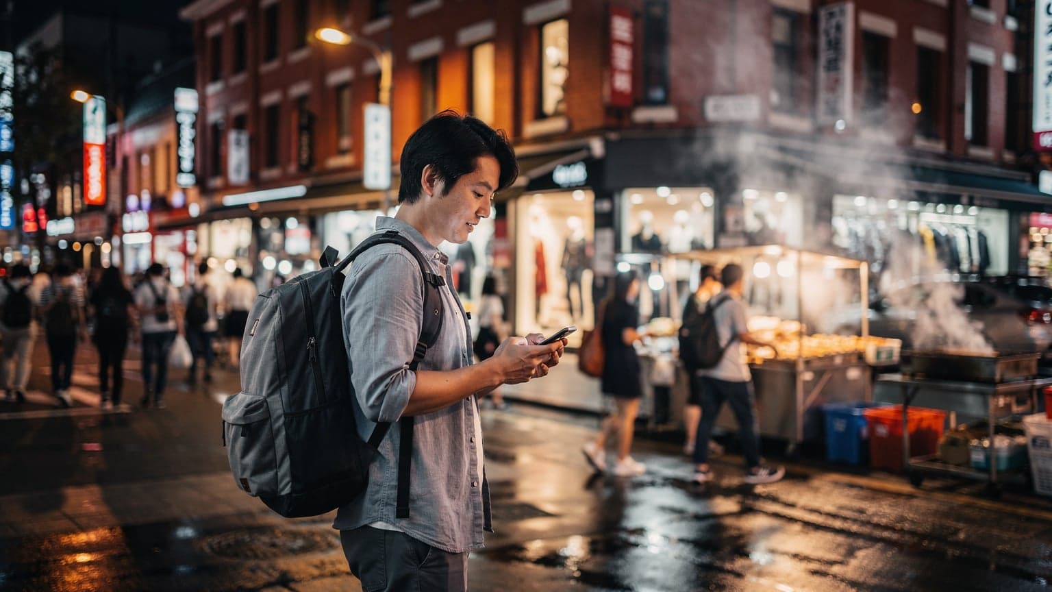 ソウルの賑やかな明洞の通りで、スマートフォンを手に地図アプリを確認している日本人旅行者。周囲には屋台の食べ物やネオンサインが見える。