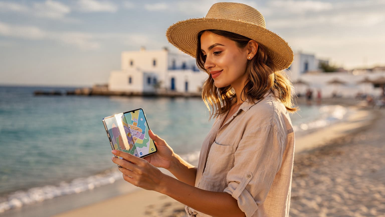 Жена с отворен Samsung Galaxy Z Fold 8 на плаж в Гърция, докато проверява картата си за дестинации.