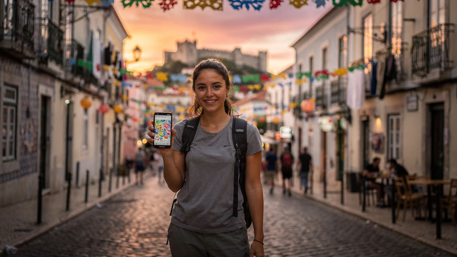 Uma jovem mochileira sorri enquanto segura seu iPhone 18, exibindo a tela com um mapa das Festas de Lisboa, com o Castelo de São Jorge ao fundo ao pôr do sol, durante as celebrações de Santo António.