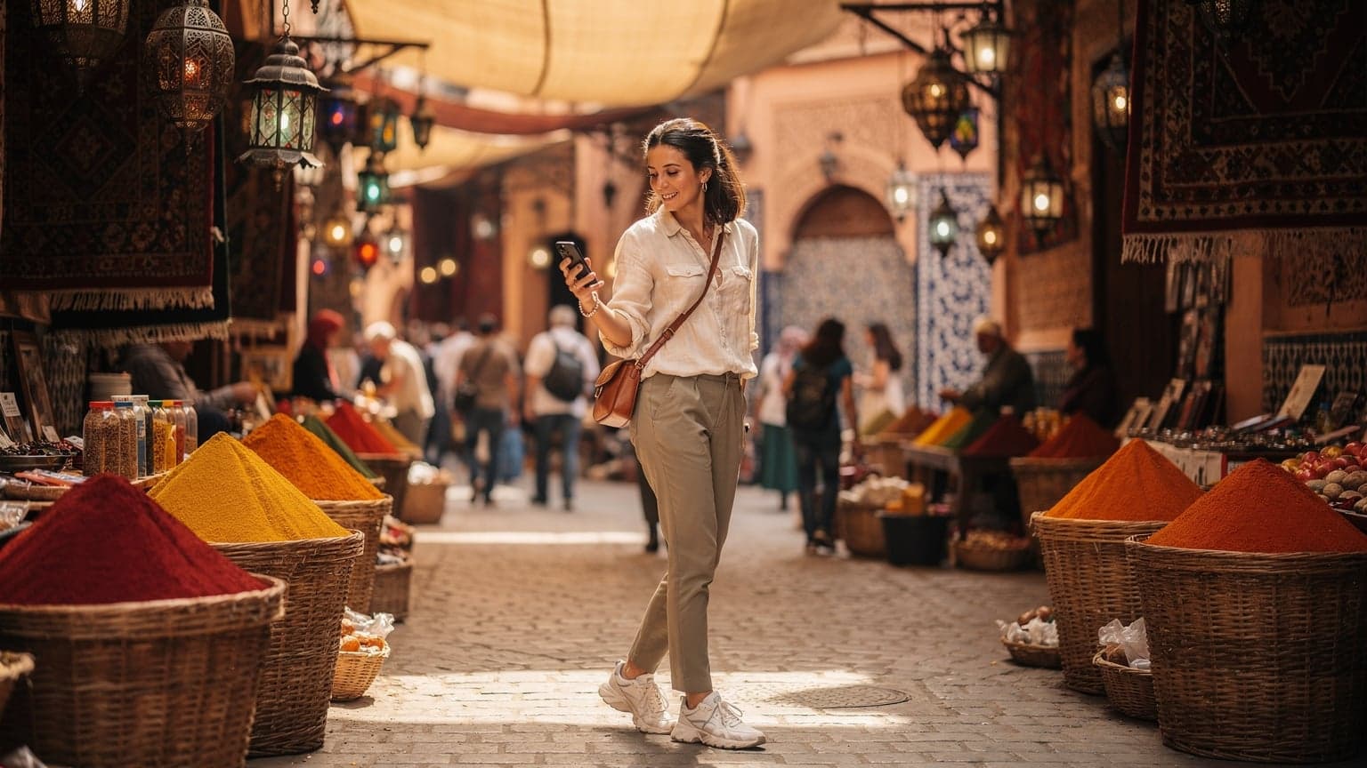 A woman confidently navigating a bustling souk in Marrakech, Morocco, with her smartphone in hand, checking a map, surrounded by colorful textiles and traditional lamps.