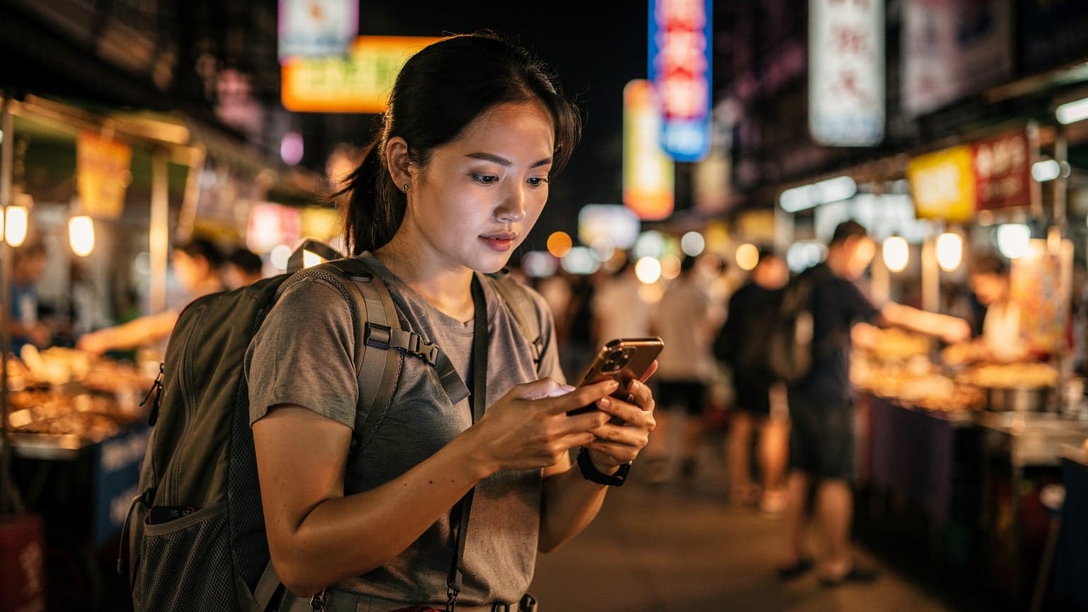 一名中国女背包客在泰国曼谷考山路夜市的灯光下查看手机上的 eSIM 设置界面, 表情专注。
