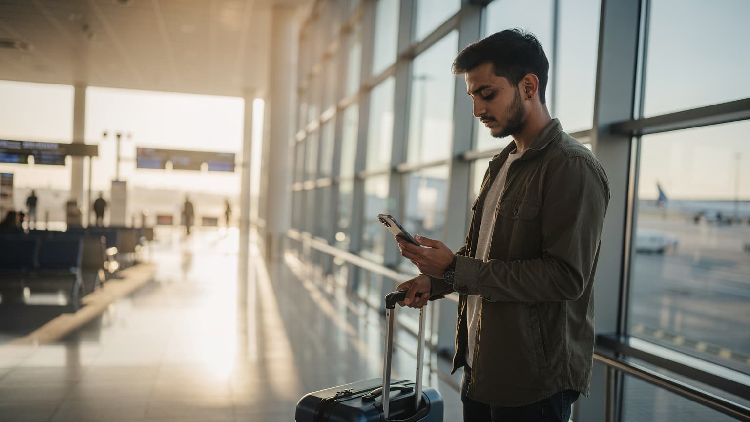 İstanbul'da bir kafe terasında, elinde akıllı telefonuyla eSIM kurulumu yapan genç bir kadın, arkada Boğaz ve tarihi yarımada silüeti görünüyor.