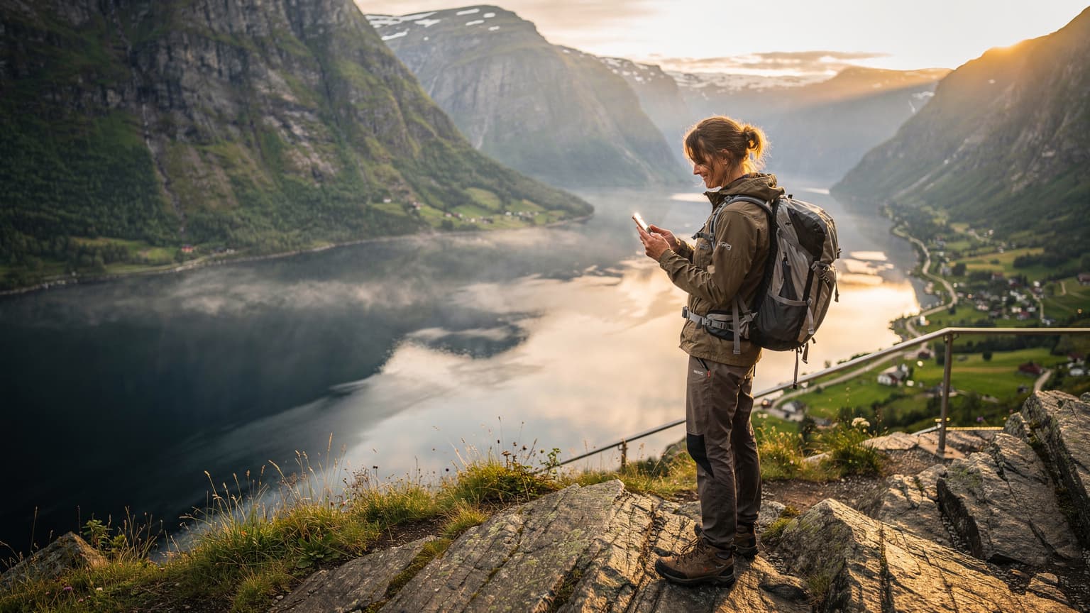 Een vrouw met een rugzak kijkt naar haar telefoon voor een adembenemend uitzicht op een fjord in Noorwegen, bij zonsopgang.