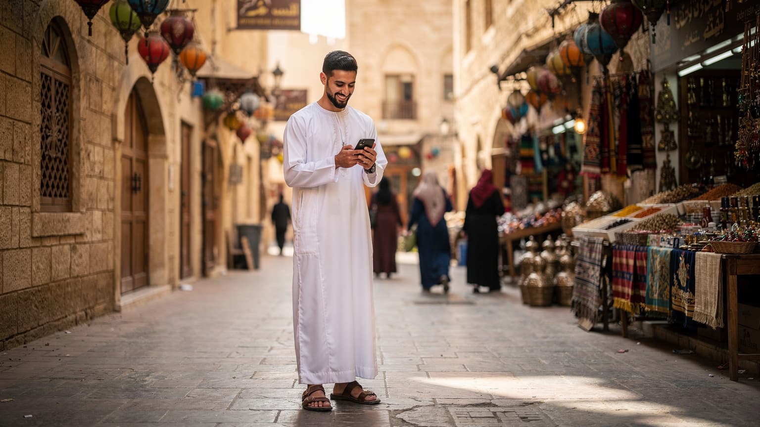 مسافر عربي يستخدم هاتفه الذكي بسعادة في سوق المنامة القديم بالبحرين، مع خلفية لمعالم المدينة.