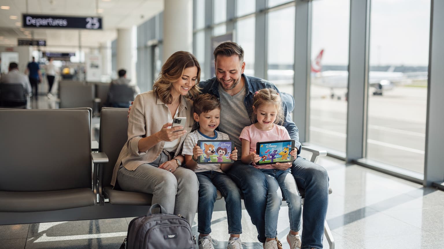 Eine lachende Familie sitzt am Flughafen München, die Mutter hält ein Smartphone mit Cellesim eSIM-App offen, während die Kinder auf ihren Tablets Zeichentrickfilme ansehen.