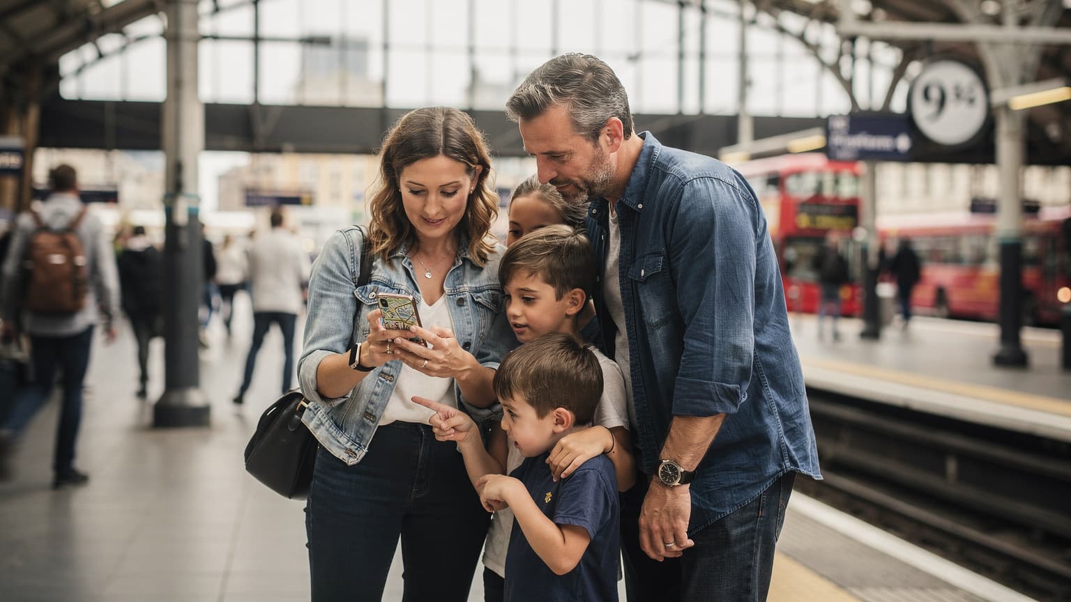 Una familia, dos adultos y dos niños, mirando un mapa digital en un teléfono mientras esperan el tren en la estación de King's Cross en Londres, con el icónico andén 9¾ de fondo.