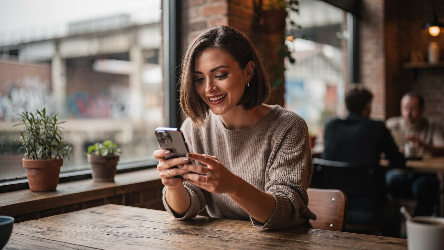 Een vrouw met een nieuwe iPhone in haar hand kijkt lachend naar het scherm terwijl ze in een gezellig café in Amsterdam-Noord zit, met de NDSM-werf op de achtergrond, genietend van een kop koffie.