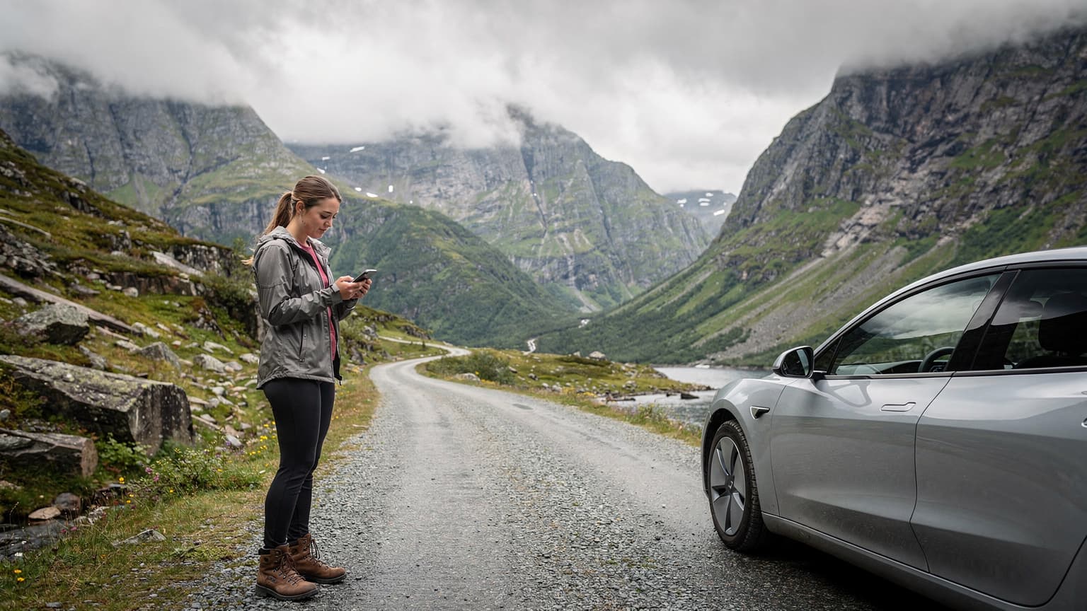 En ung kvinde i vandrestøvler studerer et digitalt kort på sin smartphone med en elbil parkeret bagved på en grusvej i de norske fjelde under en overskyet himmel.