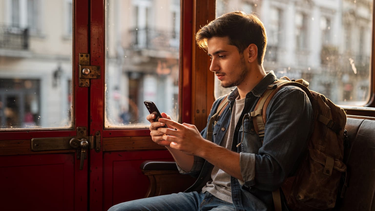 İstanbul'da tarihi bir tramvayda pencereden dışarı bakarken elinde cep telefonuyla eSIM uygulamalarını karşılaştıran genç bir sırt çantalı gezgin.
