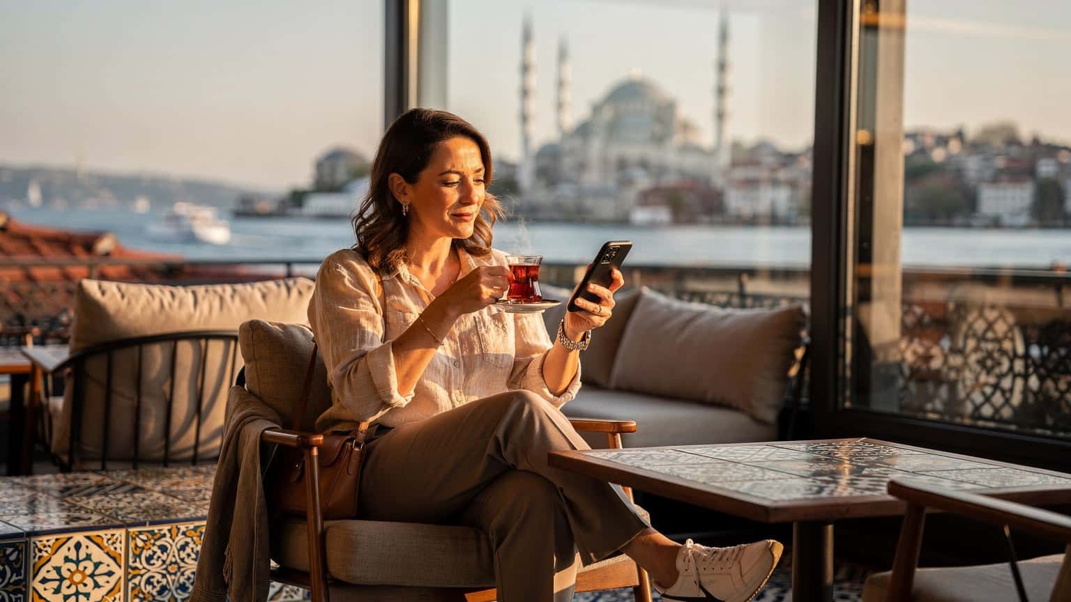 Eine Frau sitzt auf einer sonnigen Terrasse mit Blick auf den Bosporus in Istanbul, ein Smartphone mit einem Cellesim-Logo in der Hand, während sie einen Chai trinkt.