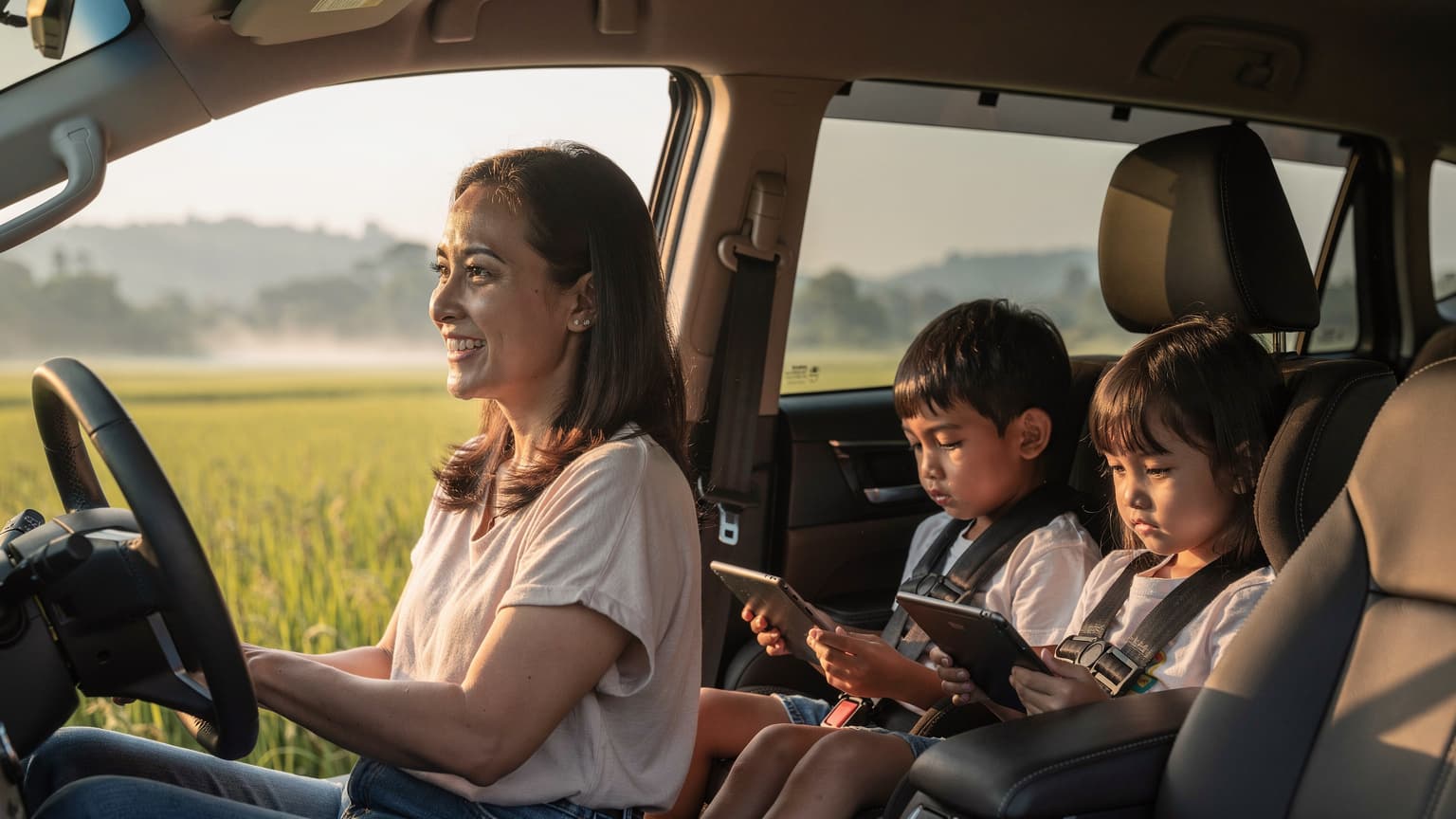 Seorang ibu tersenyum melihat anak-anaknya bermain tablet di kerusi belakang kereta semasa perjalanan panjang, dengan landskap sawah padi Malaysia yang indah di latar belakang.