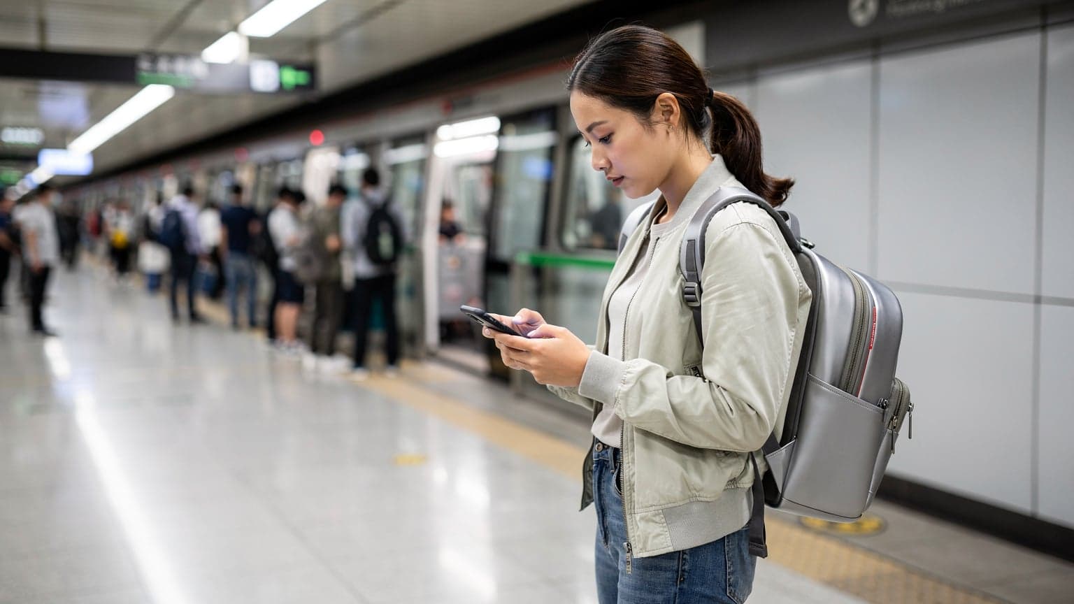 一位旅客在上海南京西路的地鐵站內,低頭查看手機上的 eSIM 設置,背景是繁忙的人流和地鐵線路圖。