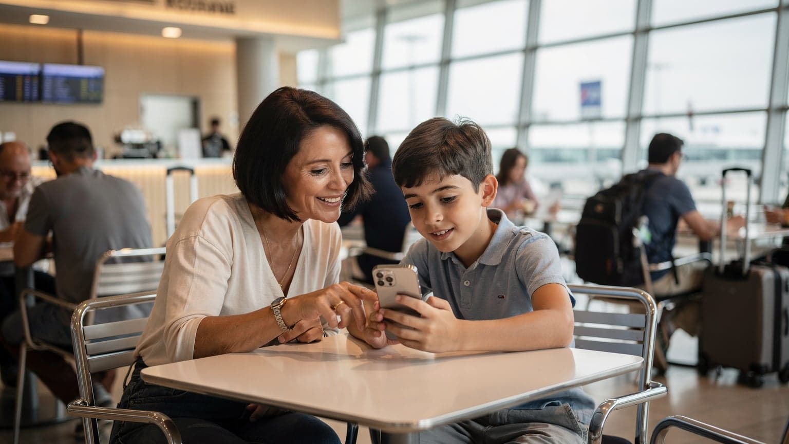 Una madre sorride mentre aiuta suo figlio ad attivare una eSIM sul suo iPhone 15 in un caffè affollato all'aeroporto di Fiumicino, con i bagagli a mano sul tavolo.