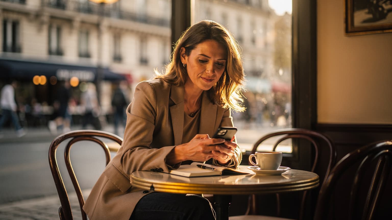 Une femme, le regard concentré, est assise à une table de café en bois, consultant son téléphone portable devant une grande fenêtre donnant sur une rue animée de Paris sous une lumière de fin d'après-midi, avec une tasse de café à portée de main.