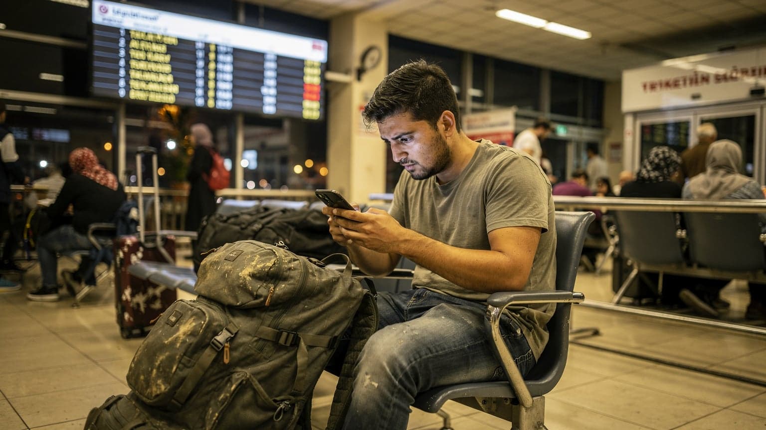 Un viaggiatore attento al budget controlla il suo smartphone per la connessione dati mentre aspetta il bus notturno in una stazione affollata di Istanbul, con le luci della città che si riflettono sul display e le insegne turche sullo sfondo.