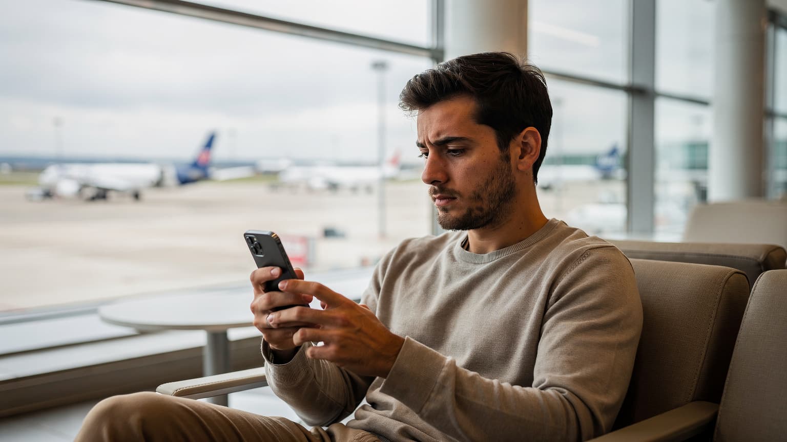 Un viajero revisando su iPhone en la sala de espera de un aeropuerto moderno en Madrid, con los ojos concentrados en la pantalla mientras espera su vuelo.
