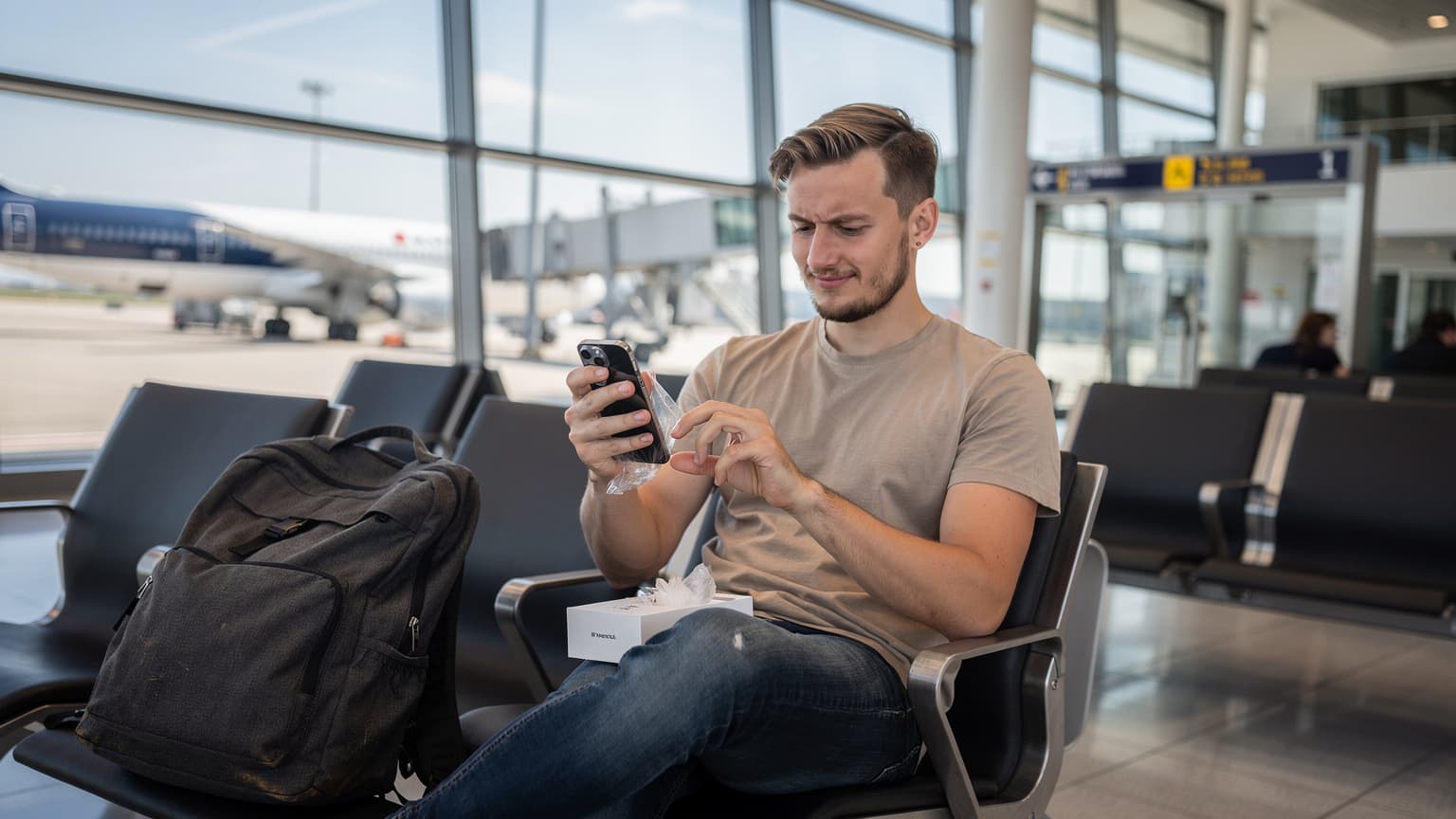 Eine Person am Flughafen München Terminal 2, die ihr neues iPhone auspackt und das Display betrachtet, während ein Flugzeug im Hintergrund abhebt.