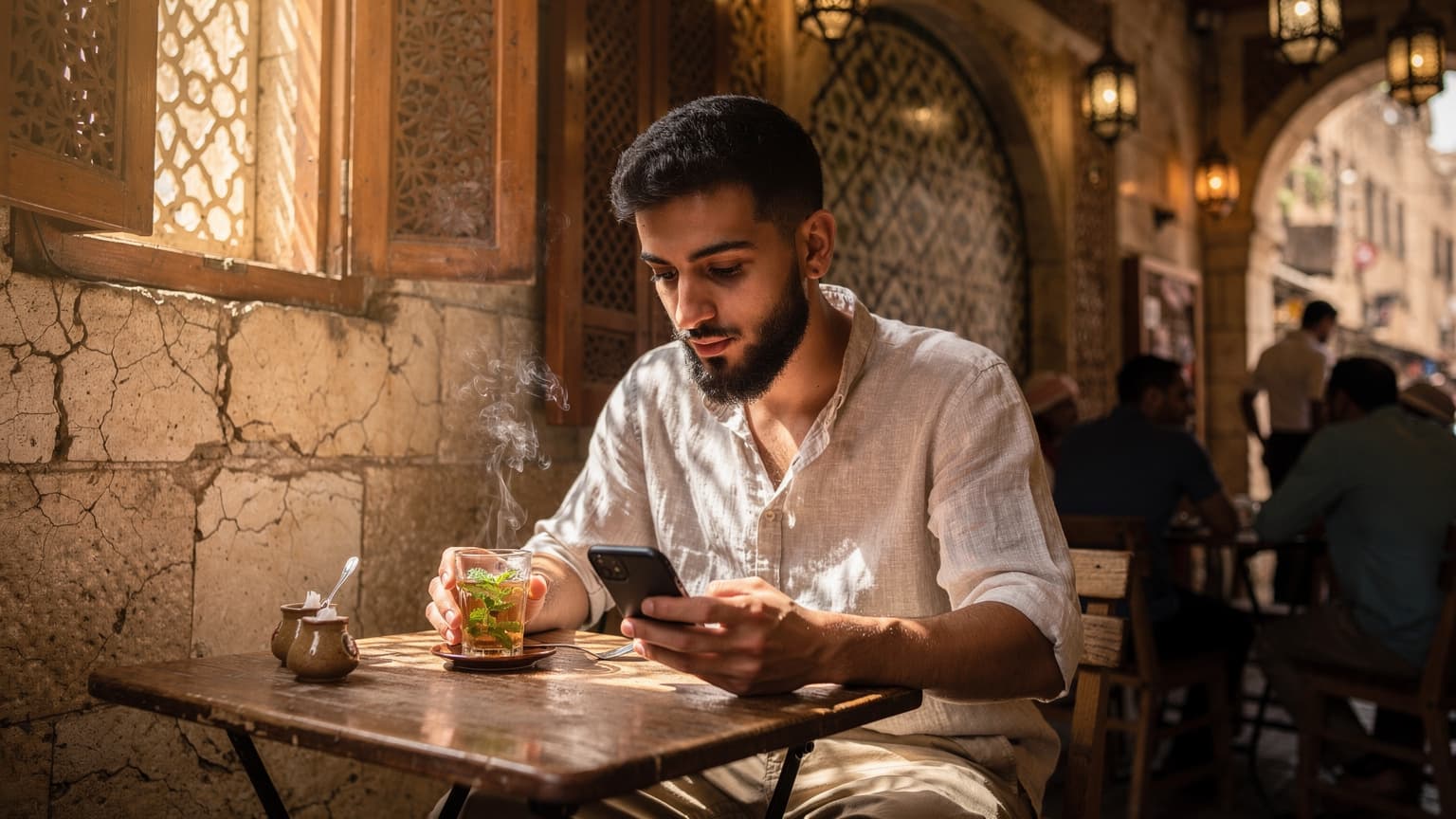 شاب عربي يجلس في مقهى مزدحم في شارع المعز بالقاهرة القديمة, ينظر إلى شاشة هاتفه الذكي بينما يحمل كوب شاي.