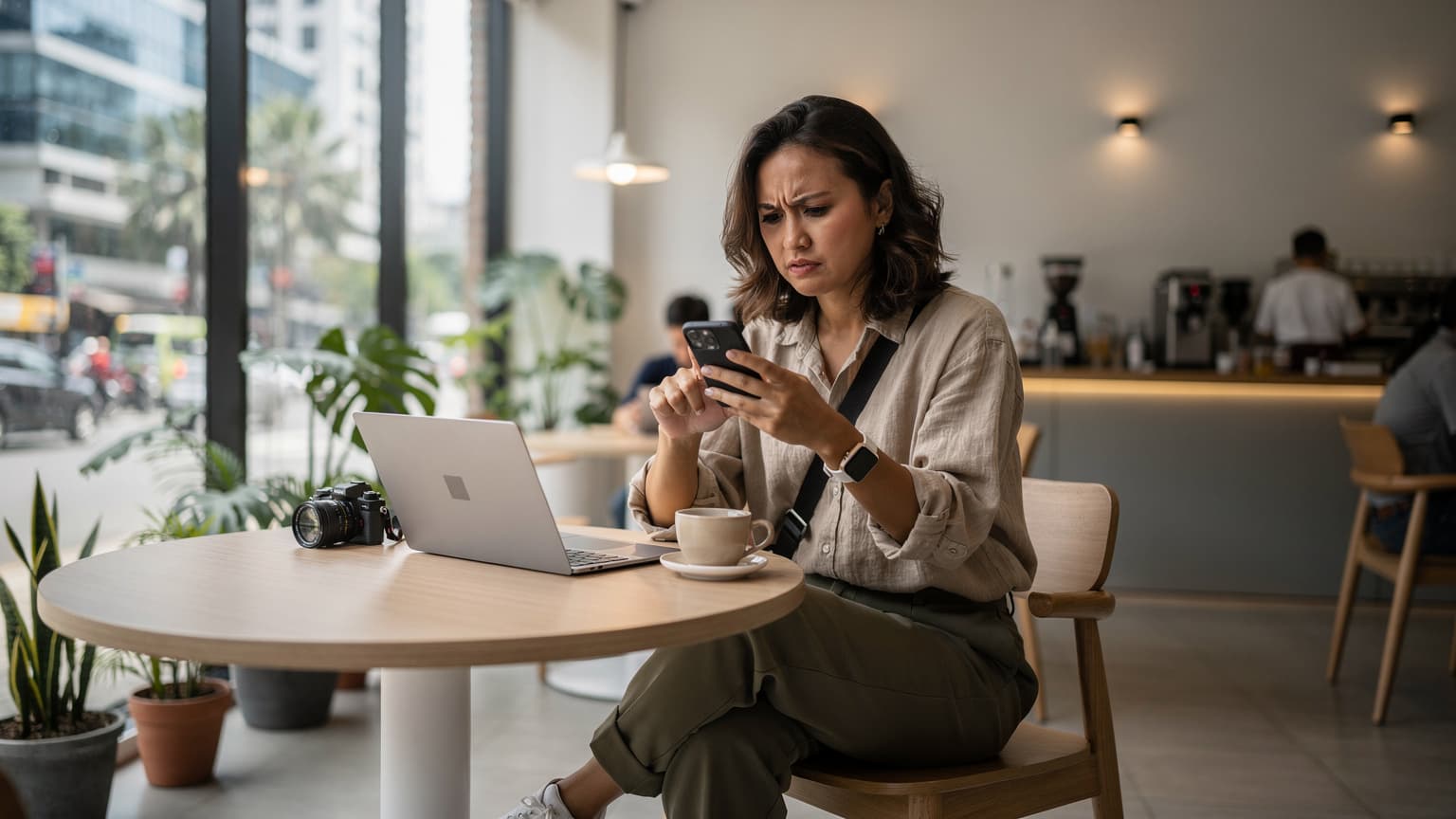 Seorang wanita digital nomad sedang duduk di sebuah kafe modern di Jakarta, memegang ponselnya dengan ekspresi sedikit bingung saat mencoba mengurus migrasi eSIM.