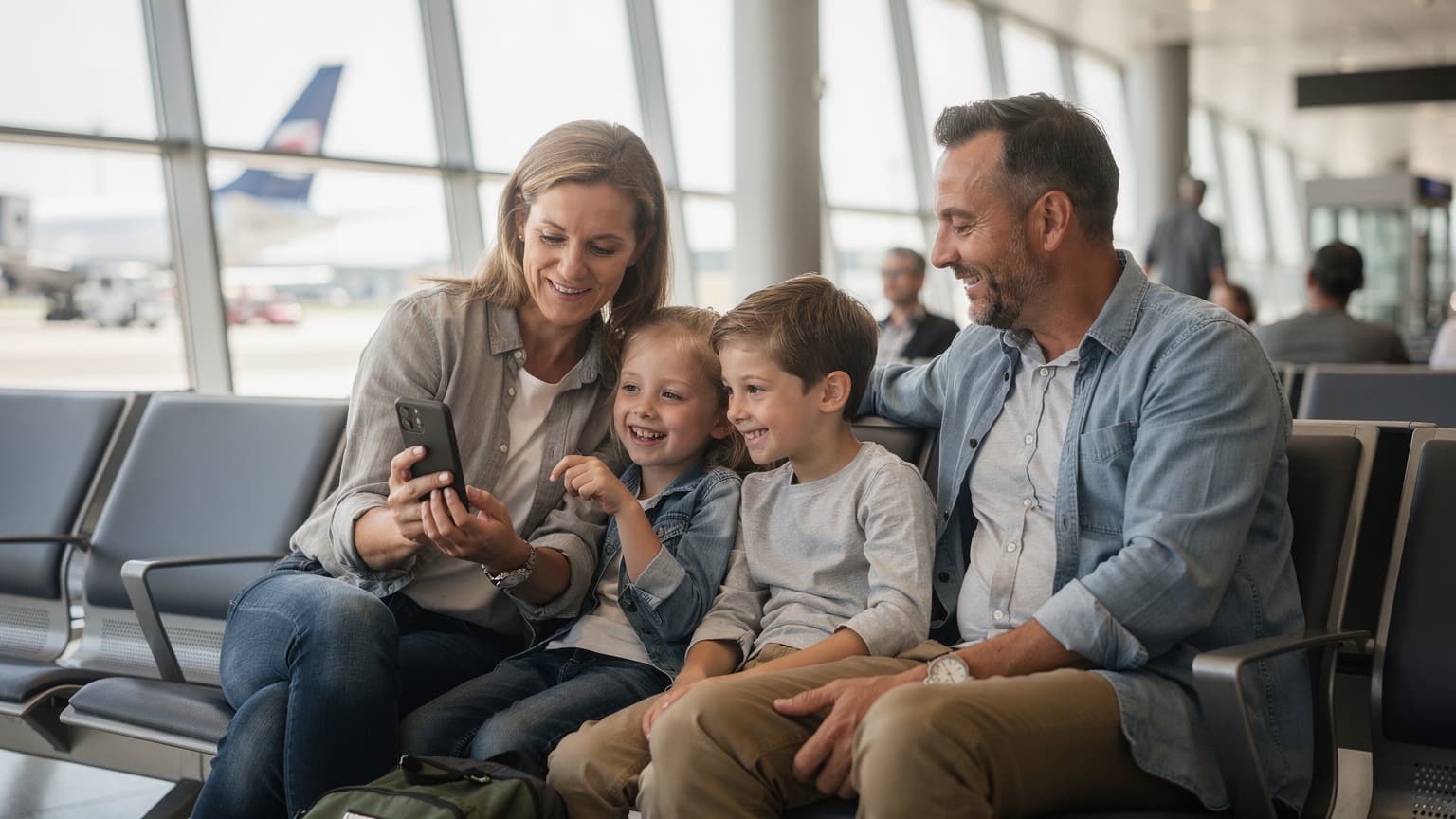 Eine Familie mit zwei Kindern am Flughafen Berlin Brandenburg (BER), die lächelnd auf ihr Smartphone schauen, während sie auf ihren Flug warten.