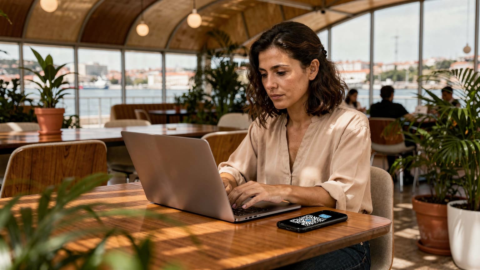 A digital nomad working on a laptop in a brightly lit co-working space in Lisbon, with a smartphone displaying an eSIM activation screen nearby.