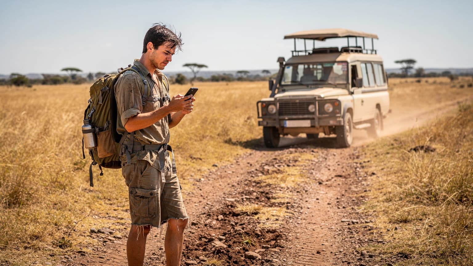 A backpacker standing on a dusty road in the Serengeti, checking their phone for signal, with a safari jeep in the background.