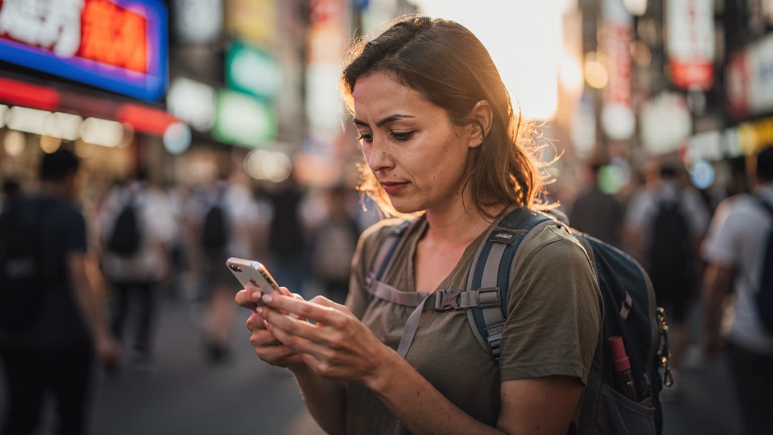 Seorang backpacker wanita sedang melihat iPhone-nya di pinggir jalan yang ramai di daerah Dotonbori, Osaka, Jepang, saat senja dengan lampu-lampu neon mulai menyala.