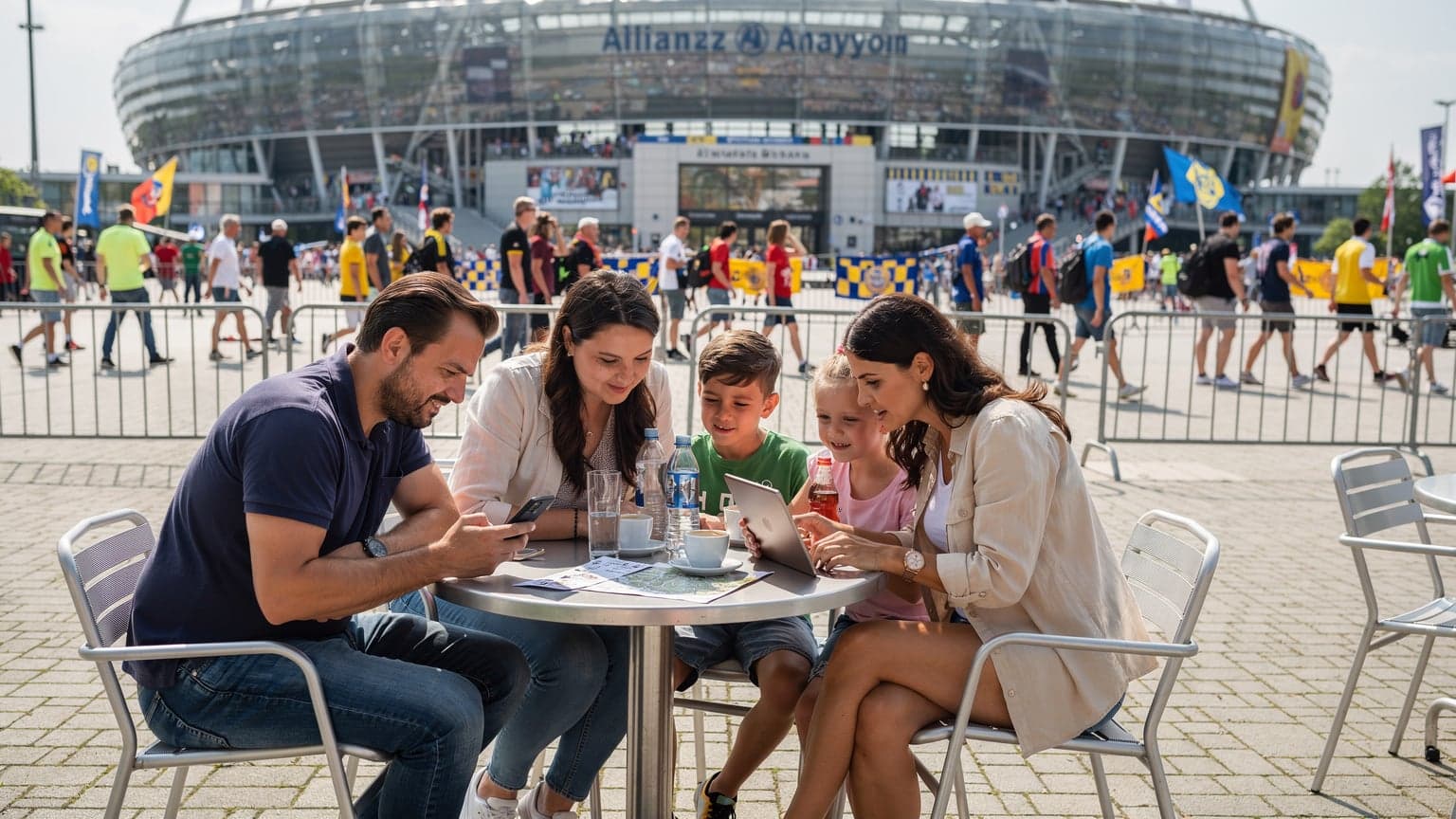 O familie română, doi părinți și doi copii, zâmbesc și își verifică telefoanele pe o terasă însorită în fața unui stadion de fotbal modern din Germania, cu o atmosferă vibrantă de eveniment sportiv.