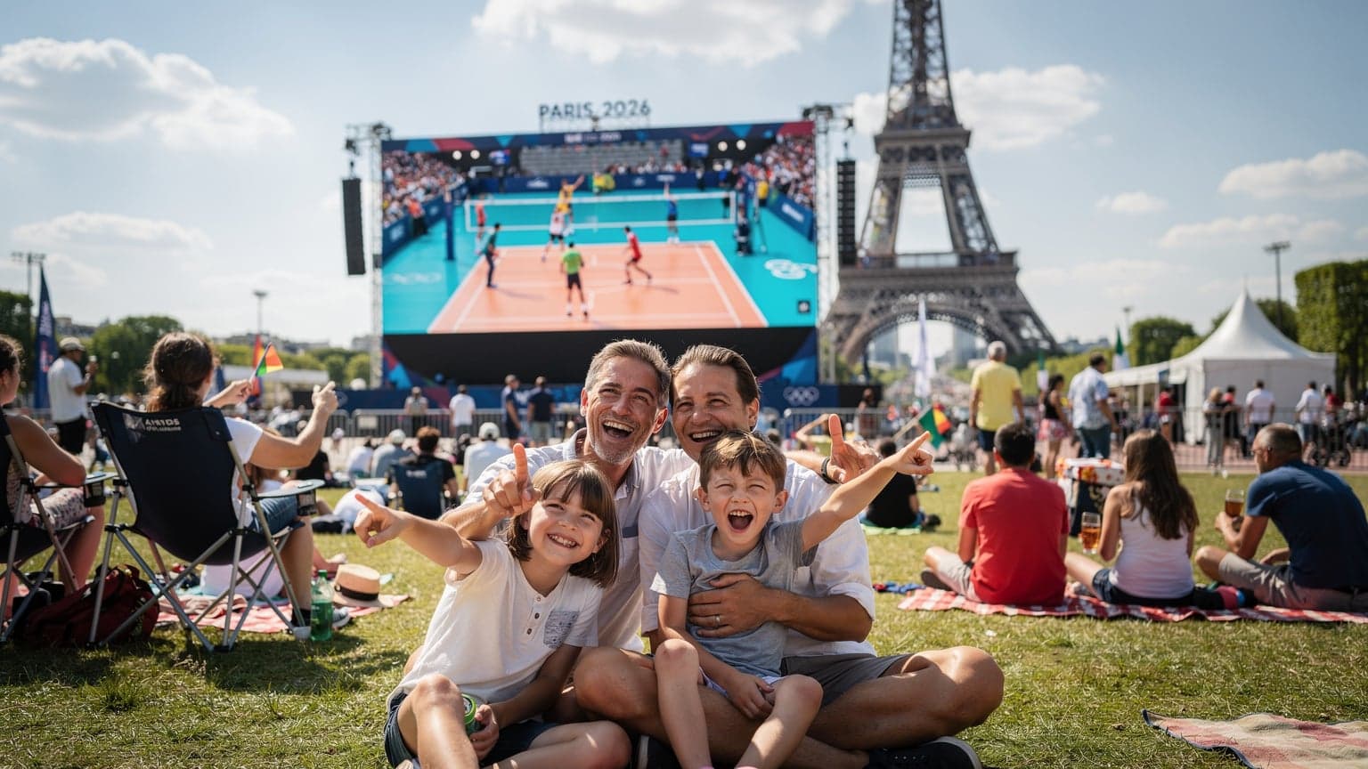 Une famille avec deux enfants, un garçon et une fille, souriante et regardant un match de volleyball sur grand écran dans le Champ de Mars à Paris, avec la Tour Eiffel en arrière-plan sous un ciel bleu et ensoleillé.