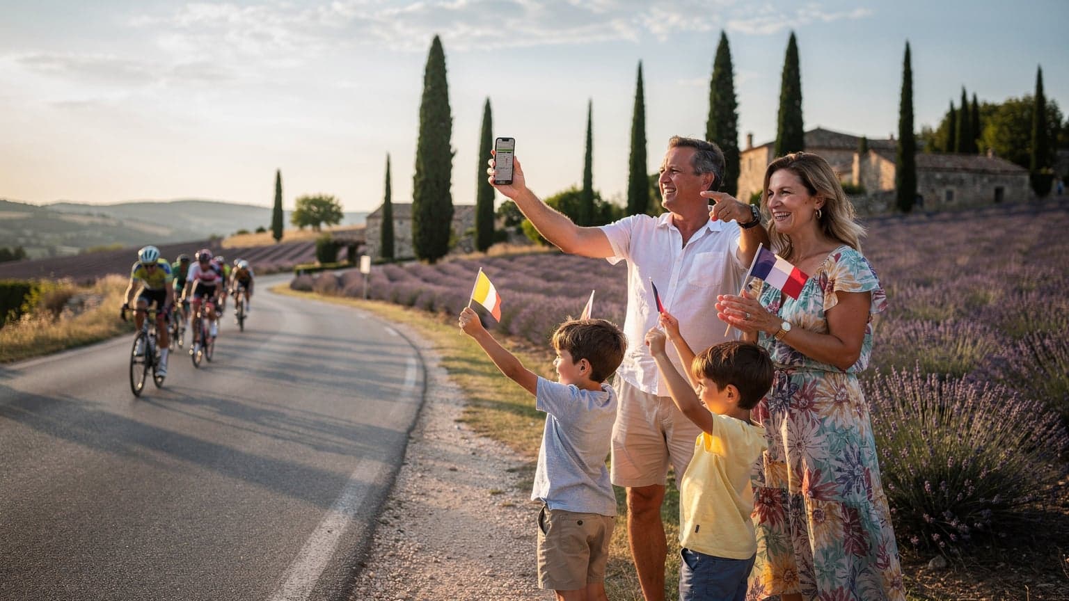 Een gezin bestaande uit twee ouders en twee kinderen van ongeveer 8 en 10 jaar oud, lachend langs de kant van een landweg in de Franse Provence, met wielrenners in de verte, terwijl de vader een smartphone met een live-uitslagenapp vasthoudt.