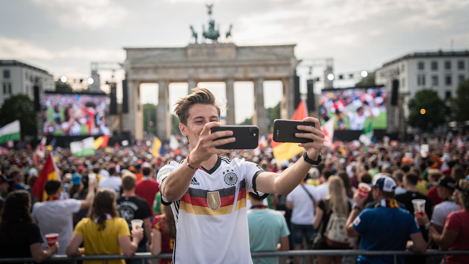 Ein Fan im Fußballtrikot macht ein Selfie vor dem Brandenburger Tor in Berlin, während das Fanfest im Hintergrund stattfindet.