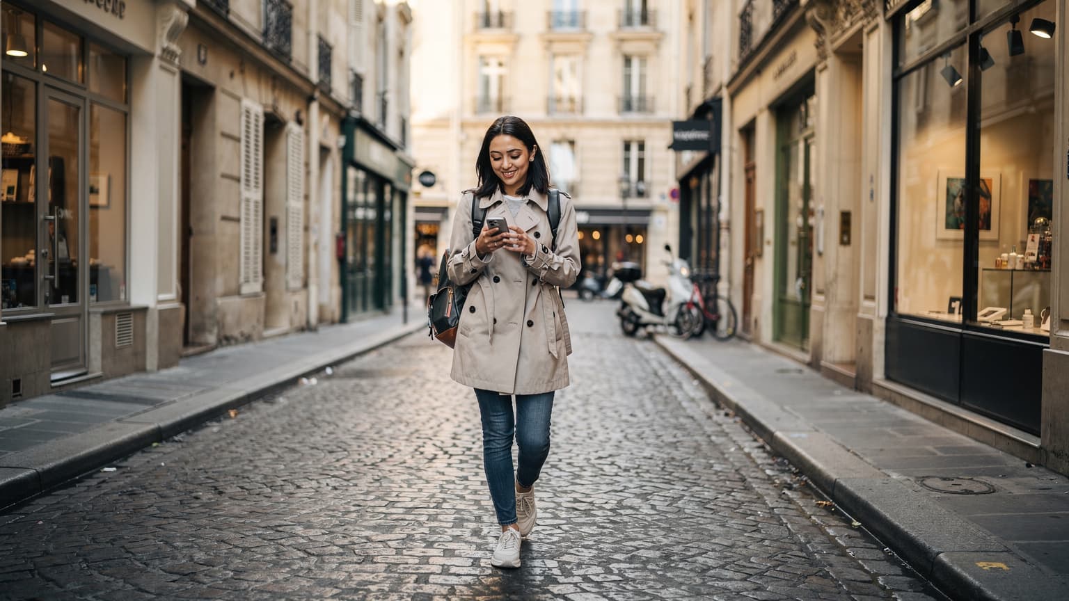 Paris'in Marais bölgesinde, tipik bir dar sokakta yürüyen ve telefonuna bakan genç bir Türk gezgin, arka planda geleneksel Paris mimarisi görünüyor.