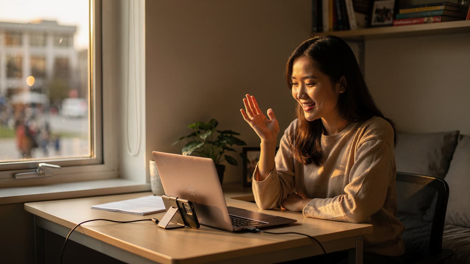 Một sinh viên Việt Nam trẻ đang ngồi tại bàn làm việc trong phòng ký túc xá ở Vancouver, Canada, với laptop mở và điện thoại trên tay, gọi video về nhà qua eSIM, ánh nắng vàng chiếu qua cửa sổ vào buổi chiều.