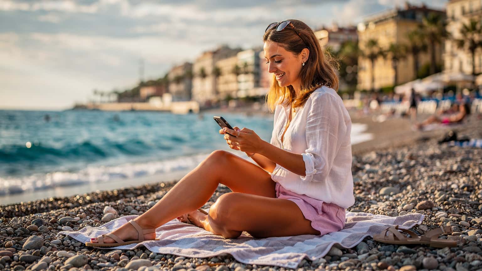 Une jeune femme souriante consulte son téléphone sur une plage de sable fin à Nice, avec la mer Méditerranée et la Promenade des Anglais en arrière-plan, bénéficiant d'une connexion parfaite.