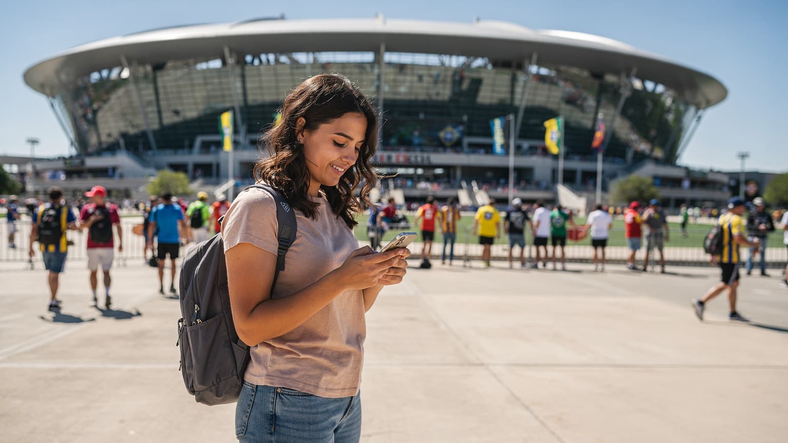 Pessoa jovem usando um smartphone com o logo da Cellesim em frente a um estádio de futebol americano lotado nos EUA.