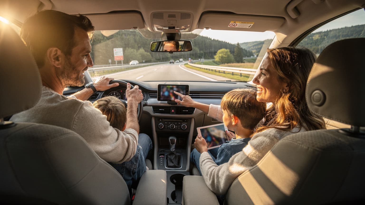 En familie i en bil på en motorvej i Tyskland, med en smartphone monteret i forruden der viser et navigationskort, mens børnene på bagsædet ser en film på en tablet. Scenen er badet i varmt eftermiddagslys.