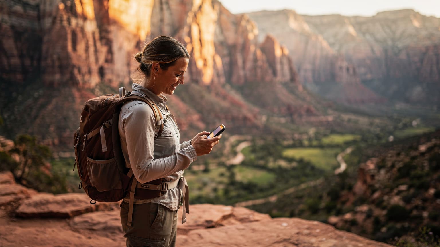 A backpacker stands on a scenic overlook in Zion National Park, holding a smartphone with a map app open, admiring the vast red rock canyons at sunset.