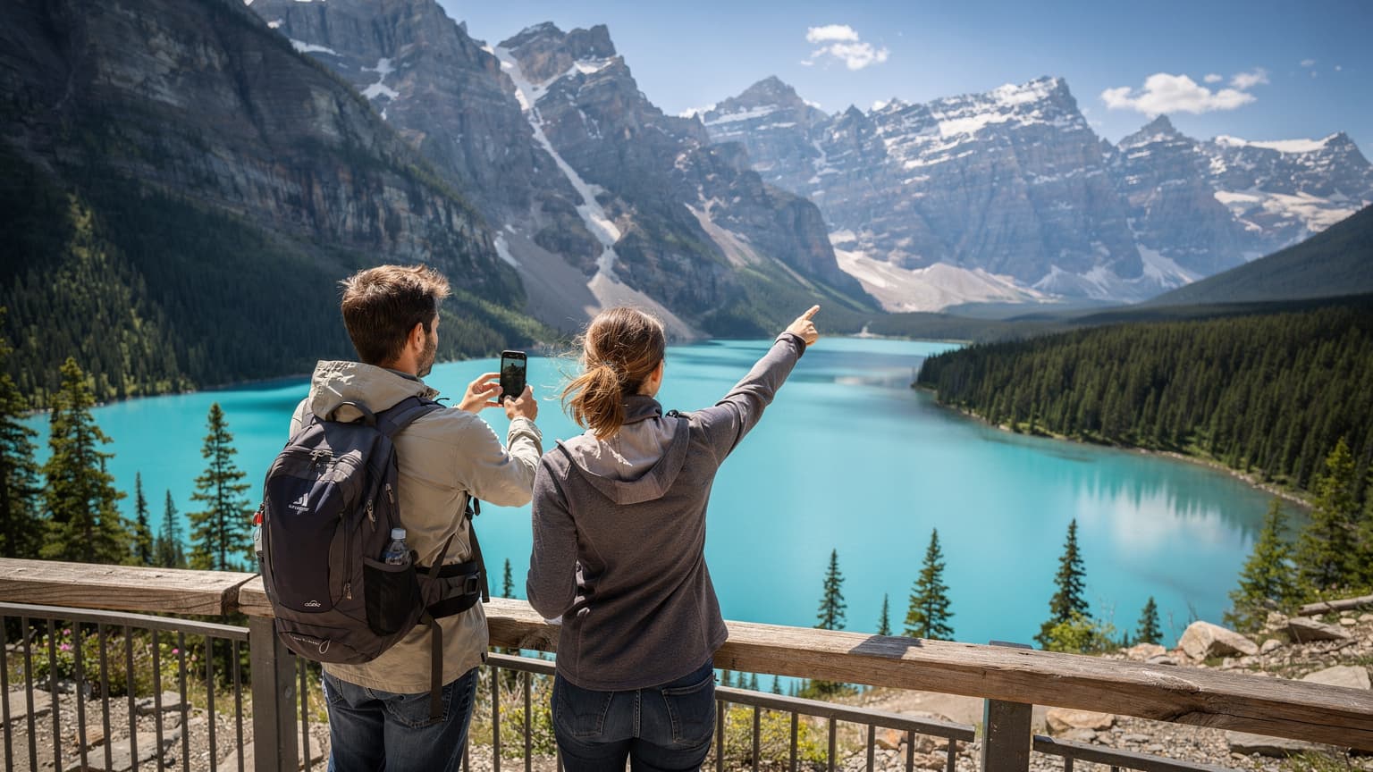 Ein Paar steht an einem Aussichtspunkt im Banff-Nationalpark in Kanada, blickt auf den türkisfarbenen Lake Louise und die umliegenden Berge, während eine Person ihr Smartphone in der Hand hält und die Landschaft fotografiert.