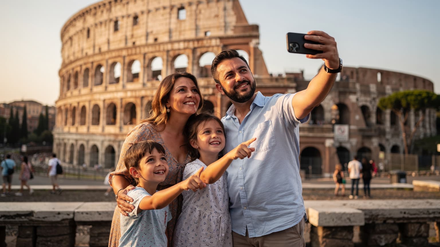 Roma'da Colosseum önünde neşeyle fotoğraf çeken, ellerinde telefon tutan çocuklu bir Türk aile.